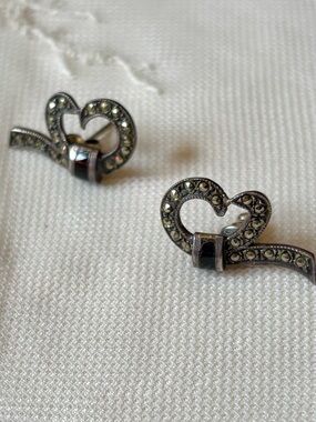 Silver 925 Art Deco Black Onyx Earrings - Vintage Heart Shaped Stud w/Marcasites